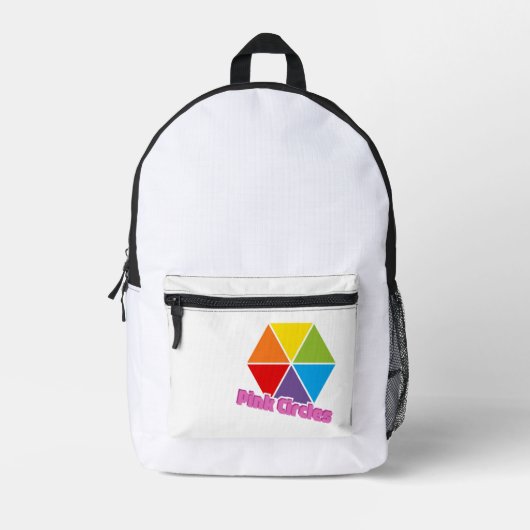 ピンクカラフルの円を持つ三角形文字 プリントバックパック (正面)