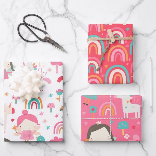 ピンクカラフルの妖精とレインボーパターン ラッピングペーパーシート (正面)