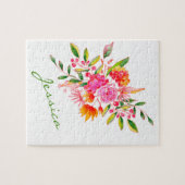 ピンクカラフルの水彩フローラアーパーソナライズされたト ジグソーパズル (横)