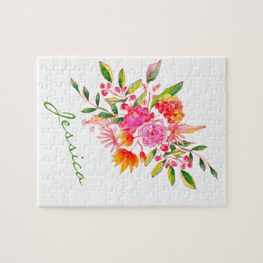 ピンクカラフルの水彩フローラアーパーソナライズされたト ジグソーパズル (横)