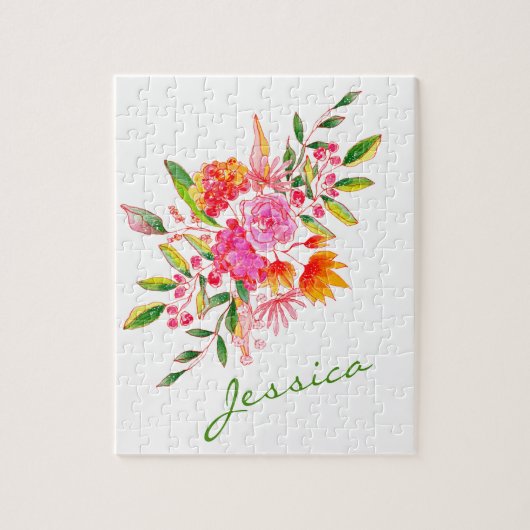 ピンクカラフルの水彩フローラアーパーソナライズされたト ジグソーパズル (縦)