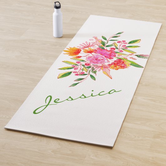 ピンクカラフルの水彩フローラアーパーソナライズされたト ヨガマット (インサイチュ)