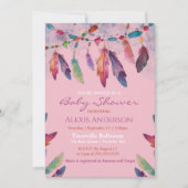 ピンクカラフルの水彩羽ベビーシャワー 招待状 (正面)