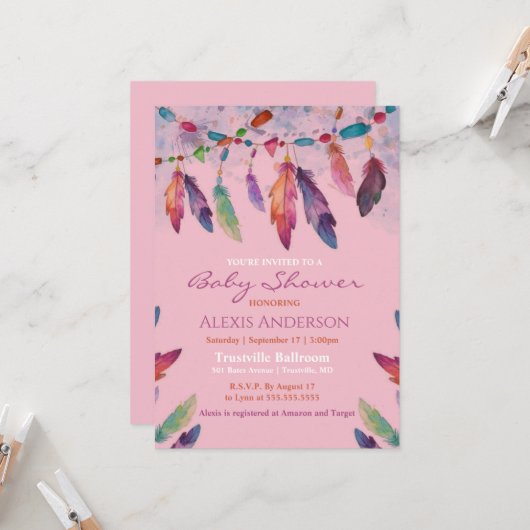 ピンクカラフルの水彩羽ベビーシャワー 招待状 (正面/裏面インサイチュ)