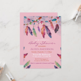 ピンクカラフルの水彩羽ベビーシャワー 招待状