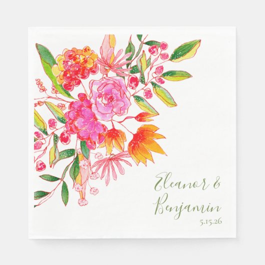 ピンクカラフルの水色フローラカスタムウェディング スタンダードランチョンナプキン (正面)