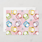 ピンクカラフルの背景にフクロウの模様 ポストカード (正面/裏面)