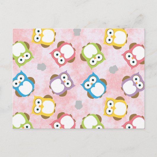 ピンクカラフルの背景にフクロウの模様 ポストカード (正面)