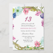 ピンクカラフルの花ガールズ13th誕生日パーティー 招待状 (正面)