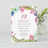 ピンクカラフルの花ガールズ13th誕生日パーティー 招待状 (スタンド正面)