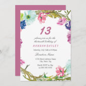 ピンクカラフルの花ガールズ13th誕生日パーティー 招待状 (正面/裏面)