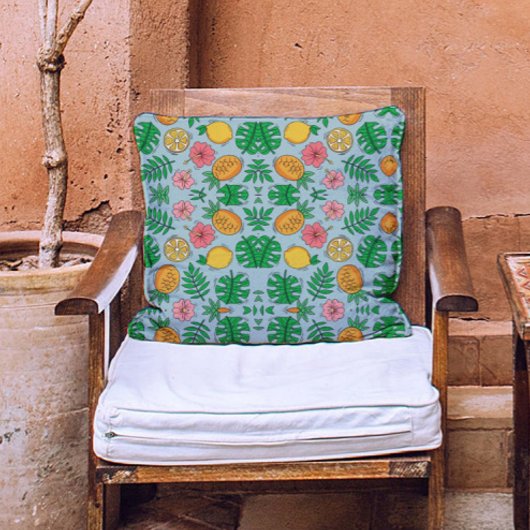 ピンクカラフルの花パイナップルレモンパターン青 クッション