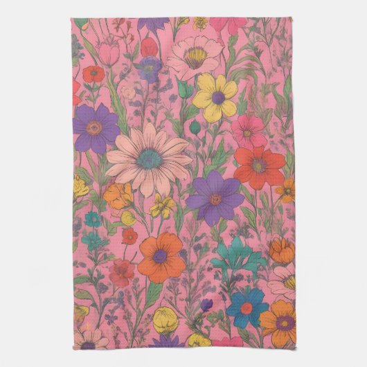 ピンクカラフルの花柄 キッチンタオル (縦)
