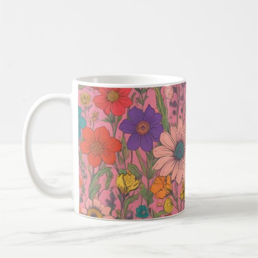 ピンクカラフルの花柄 コーヒーマグカップ (左)