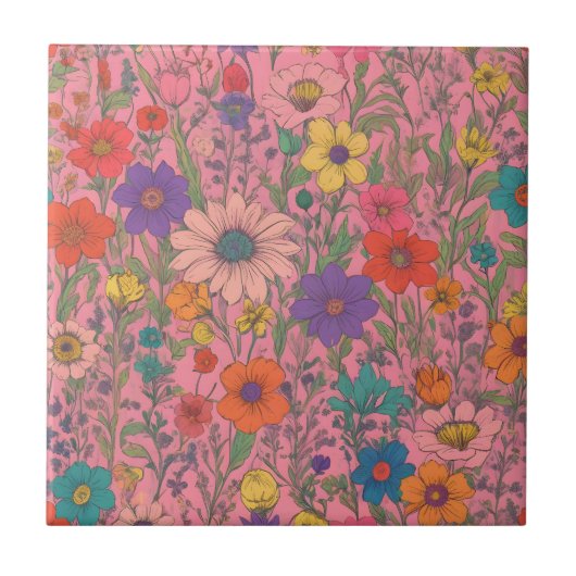 ピンクカラフルの花柄 タイル (正面)