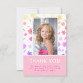 ピンクカラフルの花誕生日キッズガール写真 サンキューカード (正面)