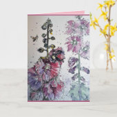 ピンクカラフルの葵の水色グリーティングカード カード (黄色い花)