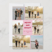 ピンクカラフルの赤い格子模様と明るいメリークリスマス シーズンカード (正面)