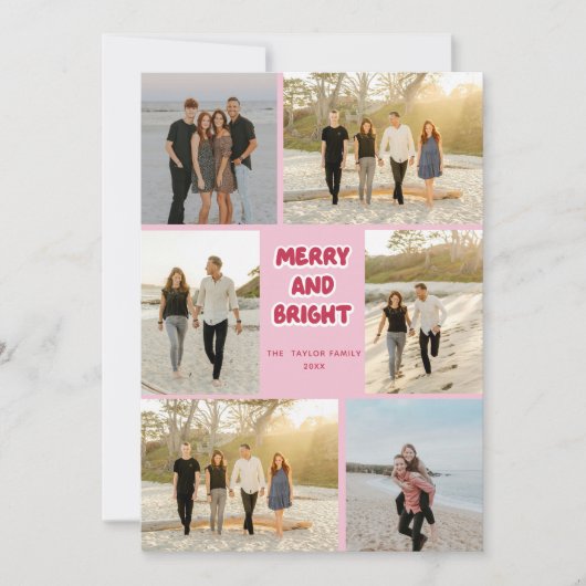 ピンクカラフルの赤い格子模様と明るいメリークリスマス シーズンカード (正面)
