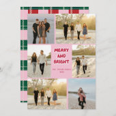 ピンクカラフルの赤い格子模様と明るいメリークリスマス シーズンカード (正面/裏面)