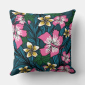ピンクカラフルイエローティール(緑がかった色)ポリネシアフローラ枕 クッション (裏面)