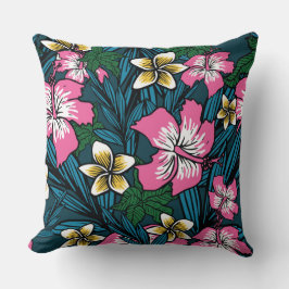 ピンクカラフルイエローティール（緑がかった色）ポリネシアフローラ枕 クッション