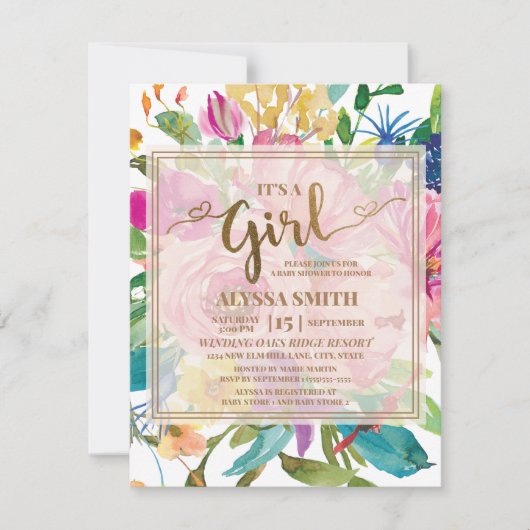 ピンクカラフルイエローフローラスクリプト赤ちゃんシャワー 招待状 (正面)