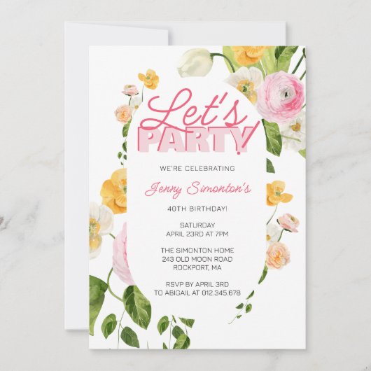 ピンクカラフルイエロー春の花40歳の誕生日 招待状 (正面)