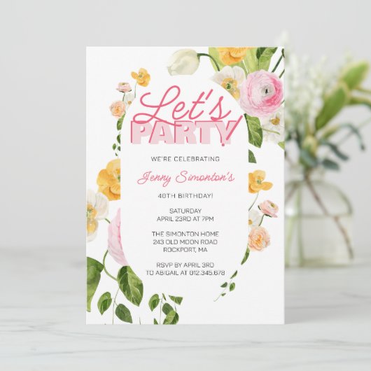 ピンクカラフルイエロー春の花40歳の誕生日 招待状 (スタンド正面)