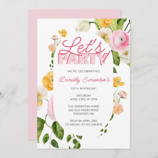 ピンクカラフルイエロー春の花70誕生日 招待状 (正面/裏面)