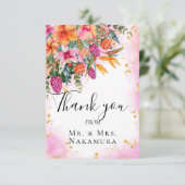 ピンクカラフルオかわいらしレンジ熱帯の花写真 サンキューカード (スタンド正面)