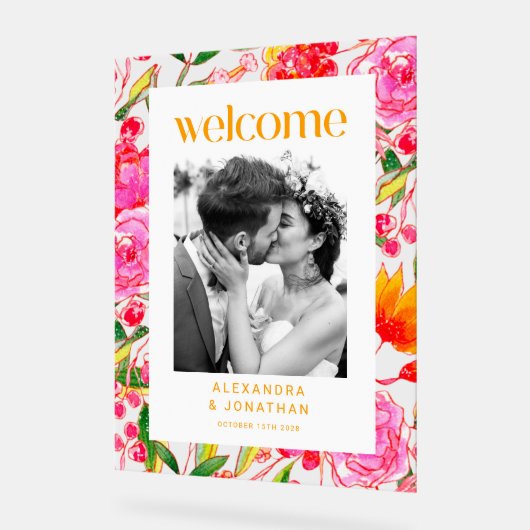 ピンクカラフルオレンジのフローラの結婚ウェルカムフォト アクリルサイン (傾斜)