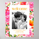 ピンクカラフルオレンジのフローラの結婚ウェルカムフォト ポスター (正面)