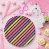 ピンクカラフルオレンジパープル黄ストライプ色パターン ペーパープレート (パーティー)