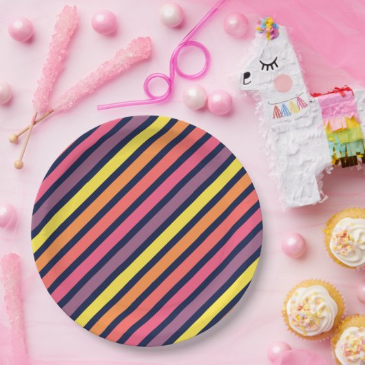 ピンクカラフルオレンジパープル黄ストライプ色パターン ペーパープレート (パーティー)