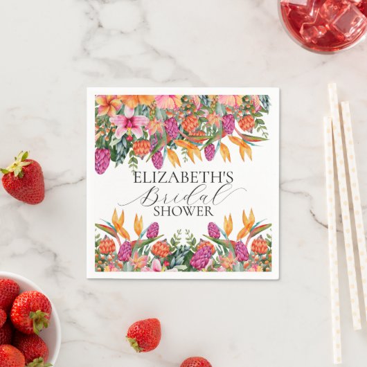 ピンクカラフルオレンジ熱帯フローラブライダルシャワー スタンダードカクテルナプキン (インサイチュ)
