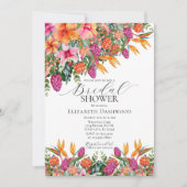 ピンクカラフルオレンジ熱帯フローラブライダルシャワー 招待状 (正面)