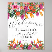 ピンクカラフルオレンジ熱帯フローラ歓迎サイン ポスター (正面)