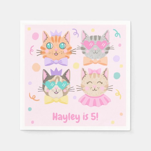 ピンクカラフルキッテンキャットガールズ子供の誕生日パーティー スタンダードカクテルナプキン (正面)