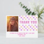 ピンクカラフルグリッター花誕生日ガールフォト サンキューカード (スタンド正面)