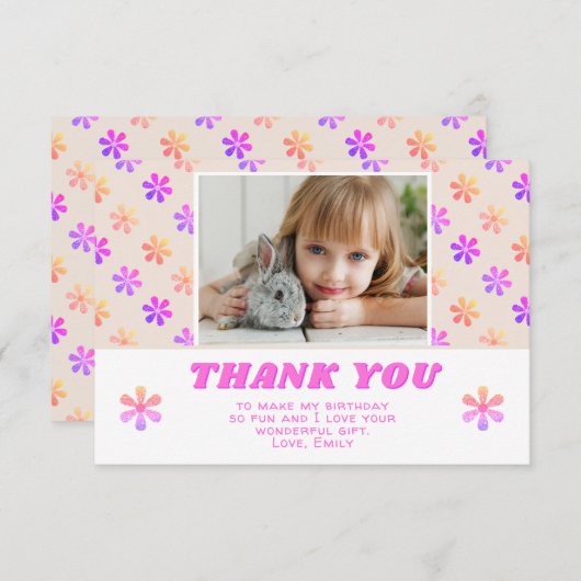 ピンクカラフルグリッター花誕生日ガールフォト サンキューカード (正面/裏面)