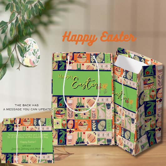 ピンクカラフルグリーンバニー ミディアムペーパーバッグ