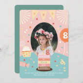 ピンクカラフルケーキ輝くプリンセスフォト誕生日 招待状 (正面/裏面)