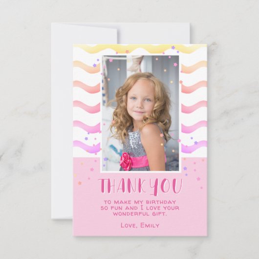 ピンクカラフルスター誕生日キッズガールフォト サンキューカード (正面)