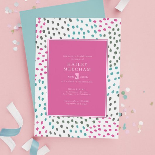 ピンクカラフルティール(緑がかった色)色彩の鮮やか紙吹雪ブライダルシャワー 招待状