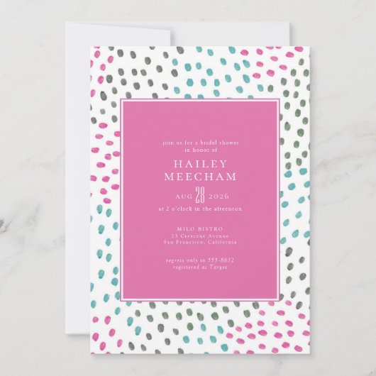 ピンクカラフルティール(緑がかった色)色彩の鮮やか紙吹雪ブライダルシャワー 招待状 (正面)