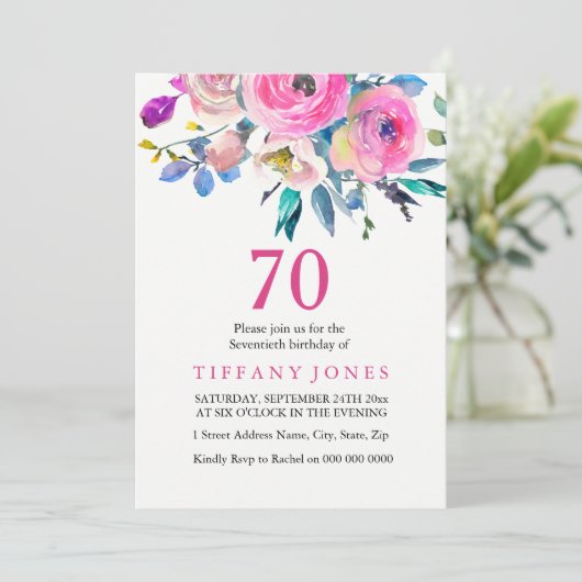 ピンクカラフルトロピカルフローラ70誕生日招待状 招待状 (スタンド正面)