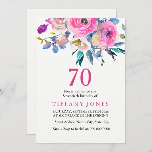 ピンクカラフルトロピカルフローラ70誕生日招待状 招待状 (正面/裏面)