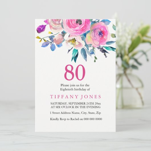 ピンクカラフルトロピカルフローラ80誕生日招待状 招待状 (スタンド正面)