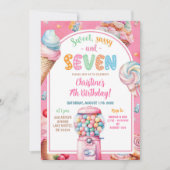 ピンクカラフルパステルキャンディーズKid's 7誕生日 招待状 (正面)